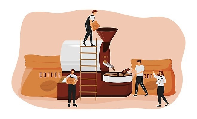 EPS 해외이미지 전신 무료이미지 여자 남자 커피 컨셉 일러스트 사다리 들기 여러명 성인 갈색 커피메이커 직원 만들기 로스팅 로스팅기계 스쿱 커피용품 커피자루 성인만 해외202007 해외일러스트 음료 컬러 다수 모션 사람 도구 오브젝트 자루 파일형식 벡터