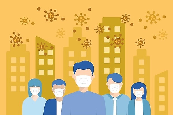 EPS 해외이미지 일러스트 건강 가면 사람 건물 약 고통 도시 열 바이러스 보호 질병 위험 감염 박테리아 인플루엔자 지원 해외202007 해외일러스트 건축물 감정 컨셉 의학 파일형식 벡터