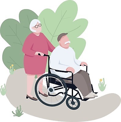 EPS 해외이미지 전신 여자 노년 남자 일러스트 남편 휴식 앉기 두명 걷기 아내 밀기 휠체어 헬프 노인만 해외202007 해외일러스트 컨셉 모션 사람 성인 도움 성인만 파일형식 벡터