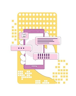 EPS 해외이미지 무료이미지 손 말풍선 일러스트 비즈니스 표정 들기 신체부위 스마트폰 노란색 보라색 라인아트 해외202007 해외일러스트 선 컬러 모션 사람 핸드폰 스마트기기 파일형식 벡터