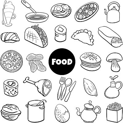 EPS 해외이미지 무료이미지 식기 디자인 음식 라인일러스트 일러스트 피자 육류 사람없음 계란 버섯 초밥 햄버거 프라이팬 냄비 찻주전자 만두 땅콩 호두 타코 롤스시 해외202007 해외일러스트 식재료 주전자 주방용품 패스트푸드 서양음식 알 견과류 솥 일본음식 파일형식 벡터 무료콘텐츠