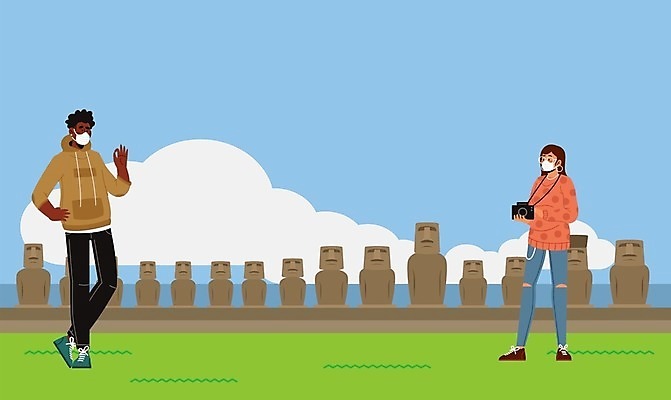 EPS 해외이미지 전신 공원 여자 남자 일러스트 마스크 들기 사람 야외 두명 카메라 사진촬영 성인만 해외202007 해외일러스트 공공시설 모션 전자제품 촬영 파일형식 벡터