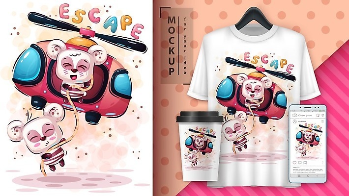 EPS 해외이미지 캐릭터 티셔츠 일러스트 곰 사람없음 스마트폰 헬리콥터 테이크아웃컵 목업 벡터 해외202007 해외일러스트 일러캐릭터 동물 셔츠 포유류 비행기 컵 핸드폰 스마트기기 파일형식