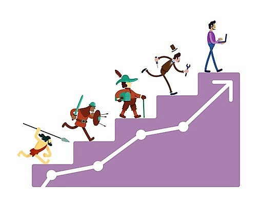 EPS 해외이미지 전신 무료이미지 남자 화살표 무기 컨셉 일러스트 지팡이 들기 성인 노트북 계단 보라색 도구 공구 역사 발전 오르기 진화과정 진화_발달 성인남자만 해외202007 해외일러스트 컬러 모션 사람 전자제품 과정 남자만 성인만 파일형식 벡터