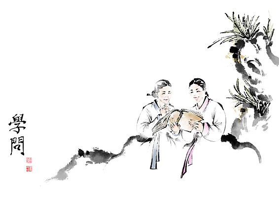 PSD 전통 여자 노년 할머니 어린이 일러스트 캘리그라피 붓터치 손녀 소녀 책 독서 한자 한복 언덕 저고리 번짐 낙관 여자만 국내일러스트 문자 한국전통 사람 성인 전통의상 손주 파일형식 효과