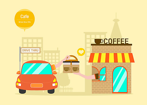 PSD 손 커피 일러스트 자동차 모바일 두명 신체부위 노란색 카페 도시 드라이브스루 비대면서비스 국내일러스트 음료 육상교통 컬러 사람 상점 서비스 파일형식 언택트