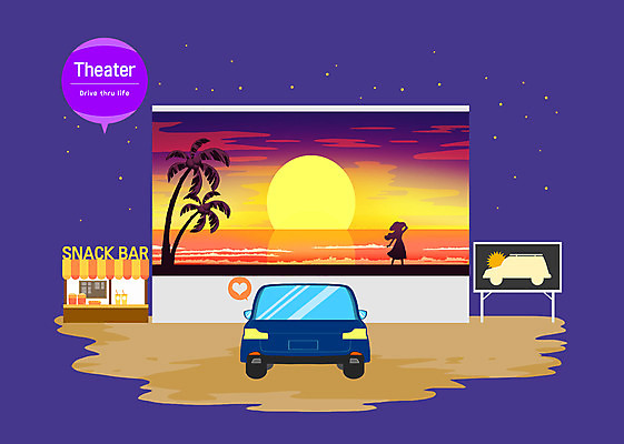전신 PSD 여자 일러스트 자동차 모바일 광고판 한명 노을 상점 보라색 극장 영화 자동차극장 드라이브스루 비대면서비스 국내일러스트 자연요소 1 육상교통 컬러 문화예술 알림판 사람 서비스 판 파일형식 언택트