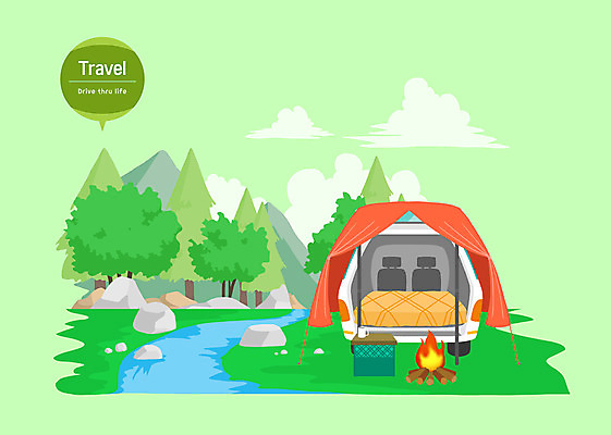 PSD 일러스트 자동차 자연 탁자 모바일 사람없음 초록색 강 계곡 드라이브스루 비대면서비스 차박 국내일러스트 육상교통 컬러 가구 캠핑 서비스 생태계 파일형식 언택트