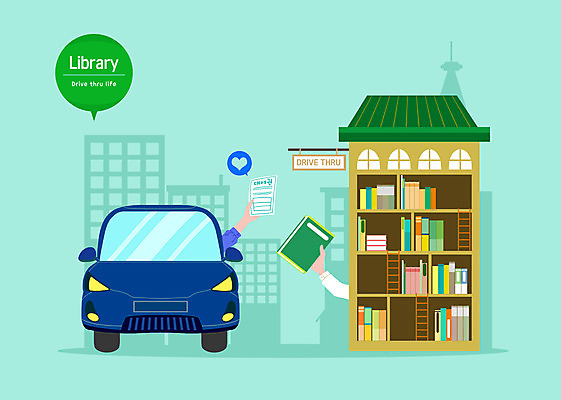 PSD 손 일러스트 자동차 모바일 두명 신체부위 책 초록색 도시 도서관 대여 드라이브스루 비대면서비스 도서대출 국내일러스트 교육 육상교통 컬러 사람 서비스 파일형식 언택트