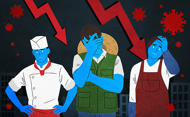 PSD 여자 남자 화살표 일러스트 상반신 성인 세명 요리사 슬픔 바이러스 농부 하락 사회이슈 경제불황 우울감 성인만 소상공인 코로나바이러스 폐점 셧다운 델타변이바이러스 국내일러스트 직업 감정 컨셉 사람 경제 상인 불황 파일형식