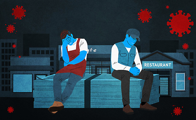 전신 PSD 남자 일러스트 성인 두명 식당 카페 바이러스 하락 사회이슈 경제불황 성인남자만 소상공인 코로나바이러스 폐점 셧다운 델타변이바이러스 국내일러스트 직업 컨셉 사람 경제 상점 상인 불황 남자만 성인만 파일형식