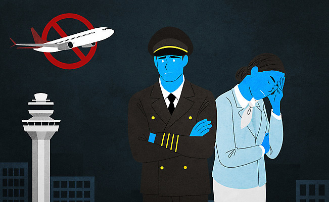 PSD 여자 남자 일러스트 비행기 상반신 두명 금지 바이러스 공항 파일럿 승무원 사회이슈 기장 경제불황 부도 출국 코로나바이러스 입국 폐점 셧다운 입국금지 델타변이바이러스 국내일러스트 직업 컨셉 항공교통 교통시설 대중교통 사람 경제 불황 파일형식