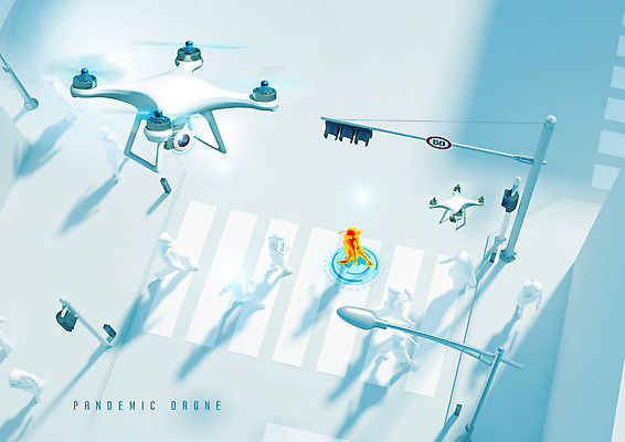 PSD 편집이미지 도로 사람모양 정보기술 빨간색 도시 횡단보도 신호등 사회이슈 IT산업 드론 코로나바이러스 팬데믹드론 모빌리티 델타변이바이러스 이미지편집 모양 산업 길 교통수단 컬러 컨셉 교통시설 기술 보행로 바이러스 파일형식