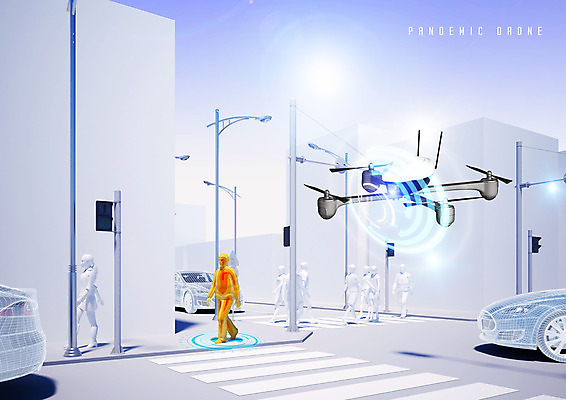 PSD 편집이미지 도로 자동차 사람모양 정보기술 빨간색 도시 횡단보도 신호등 사회이슈 IT산업 드론 코로나바이러스 팬데믹드론 모빌리티 델타변이바이러스 이미지편집 모양 산업 길 육상교통 교통수단 컬러 컨셉 교통시설 기술 보행로 바이러스 파일형식