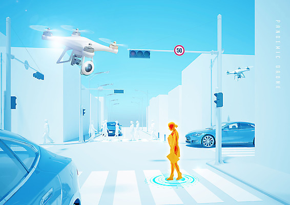 PSD 편집이미지 도로 자동차 사람모양 정보기술 빨간색 도시 횡단보도 신호등 사회이슈 IT산업 드론 코로나바이러스 팬데믹드론 모빌리티 델타변이바이러스 이미지편집 모양 산업 길 육상교통 교통수단 컬러 컨셉 교통시설 기술 보행로 바이러스 파일형식