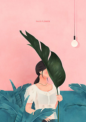 식물 여자 분홍색 잎 일러스트 전구 목걸이 한명 들기 상반신 여름 뷰티 얼굴가리기 국내일러스트 AI파일 1 계절 컬러 장신구 모션 사람 가림 파일형식 벡터