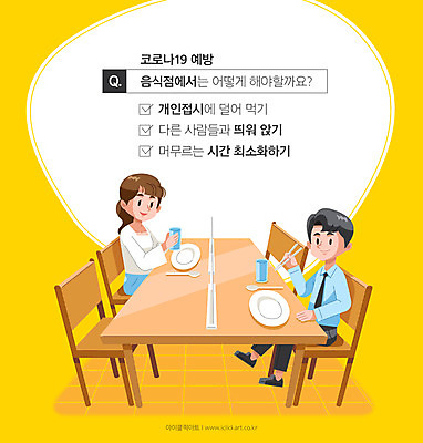 여자 남자 일러스트 사람 타이포그라피 두명 노란색 식당 인포그래픽 사회이슈 예방 질의응답 코로나바이러스 사회적거리두기 생활방역 델타변이바이러스 국내일러스트 AI파일 문자 캠페인 컬러 컨셉 상점 바이러스 방역 파일형식 벡터