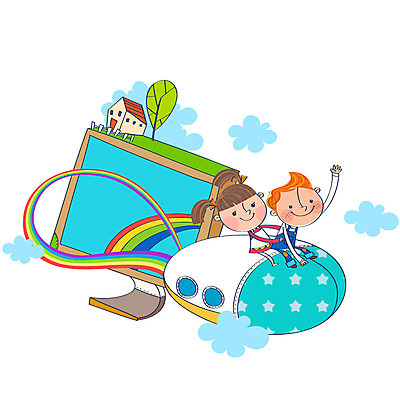 EPS 나무 식물 구름 여자 남자 어린이 무지개 일러스트 상상 놀이 주택 사람 소녀 소년 두명 건물 울타리 컴퓨터 판타지 모니터 마우스 어린이세상 어린이만 국내일러스트 자연요소 건축물 전자제품 담장 컴퓨터용품 파일형식 벡터