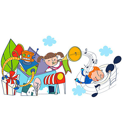 EPS 나무 식물 구름 여자 남자 어린이 음악 연주 음표 일러스트 상상 주택 선물 사람 소녀 이벤트 소년 두명 건물 선물상자 판타지 상자 우체통 나팔 로봇 오선지 어린이세상 팡파레 어린이만 국내일러스트 자연요소 건축물 기호 악기 문화예술 악보 오선 파일형식 벡터
