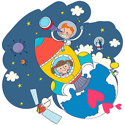 EPS 여자 남자 어린이 일러스트 상상 사람 소녀 소년 두명 판타지 우주선 어린이세상 우주여행 어린이만 국내일러스트 여행 우주 파일형식 벡터