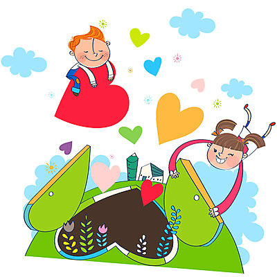 EPS 식물 구름 여자 남자 어린이 일러스트 상상 주택 사랑 사람 소녀 소년 두명 건물 판타지 문 하트 비행 풀 어린이세상 어린이만 국내일러스트 자연요소 모양 건축물 감정 파일형식 벡터