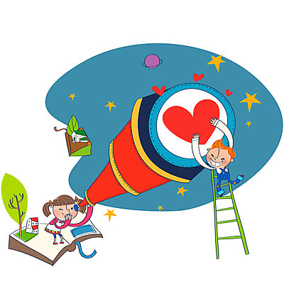 EPS 나무 여자 남자 별 어린이 일러스트 사다리 상상 밤하늘 주택 사람 소녀 소년 두명 건물 책 판타지 망원경 행성 하트 어린이만 국내일러스트 자연요소 모양 식물 건축물 하늘 우주 도구 야간 파일형식 벡터