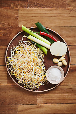 포토 JPG 스튜디오촬영 접시 채소 식재료 재료 고추 양파 실내 마늘 사람없음 하이앵글 신선 유기농 소금 콩나물 대파 갈색배경 나무배경 국내포토 식기 웰빙 뷰포인트 백그라운드 내부 갈색 나물 파 파일형식
