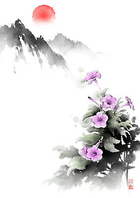 PSD 꽃 줄기 잎 일러스트 캘리그라피 붓터치 산 가을꽃 사람없음 태양 들꽃 가을 동양화 번짐 낙관 분꽃 산맥 국내일러스트 자연요소 식물 계절 미술 파일형식 효과 가을_계절