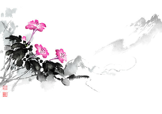 PSD 꽃 줄기 잎 일러스트 캘리그라피 붓터치 산 가을꽃 사람없음 들꽃 가을 동양화 번짐 낙관 분꽃 산맥 국내일러스트 식물 계절 미술 파일형식 효과 가을_계절