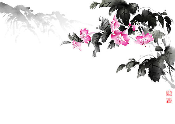 PSD 꽃 줄기 잎 일러스트 캘리그라피 붓터치 산 가을꽃 사람없음 들꽃 가을 동양화 번짐 낙관 분꽃 산맥 국내일러스트 식물 계절 미술 파일형식 효과 가을_계절