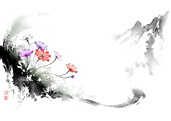 PSD 꽃 줄기 잎 일러스트 캘리그라피 붓터치 산 가을꽃 사람없음 들꽃 가을 동양화 코스모스 번짐 낙관 산맥 국내일러스트 식물 계절 미술 파일형식 효과 가을_계절