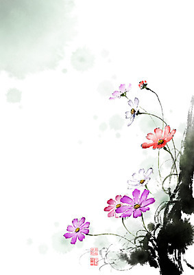 PSD 꽃 줄기 잎 일러스트 캘리그라피 붓터치 가을꽃 사람없음 들꽃 가을 동양화 언덕 코스모스 번짐 낙관 국내일러스트 식물 계절 미술 파일형식 효과 가을_계절