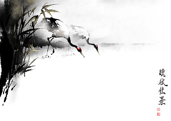 PSD 일러스트 캘리그라피 조류 붓터치 갈대 초원 사람없음 물 강 학 가을 물가 개울 숲 동양화 번짐 낙관 국내일러스트 자연요소 식물 동물 계절 미술 풍경 파일형식 효과