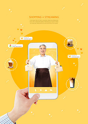 PSD 편집이미지 손 노년 남자 모바일 한명 상반신 신체부위 스마트폰 쇼핑 노란색 카페 한국인 60대 바리스타 모바일쇼핑 동영상 라이브 노인남자한명만 숍스트리밍 라이브커머스 온택트 스토어 이미지편집 직업 1 컬러 사람 동양인 성인 핸드폰 스마트기기 상점 온라인쇼핑 남자한명만 노인남자만 파일형식