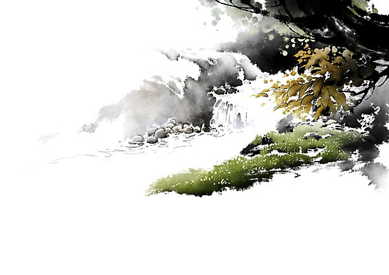 PSD 나무 잎 일러스트 캘리그라피 이끼 풍경 사람없음 물 돌_바위 바위 개울 언덕 번짐 산수화 옹달샘 국내일러스트 자연요소 식물 강 동양화 파일형식 효과