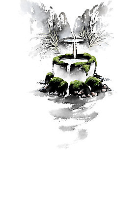 PSD 잎 일러스트 캘리그라피 이끼 풍경 사람없음 물 돌_바위 바위 개울 언덕 번짐 산수화 우물 옹달샘 국내일러스트 자연요소 식물 강 동양화 파일형식 효과