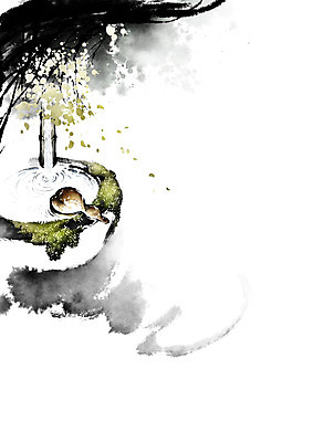 PSD 나무 잎 일러스트 캘리그라피 이끼 풍경 사람없음 물 돌_바위 바위 개울 번짐 바가지 산수화 우물 옹달샘 국내일러스트 자연요소 식물 강 동양화 파일형식 효과