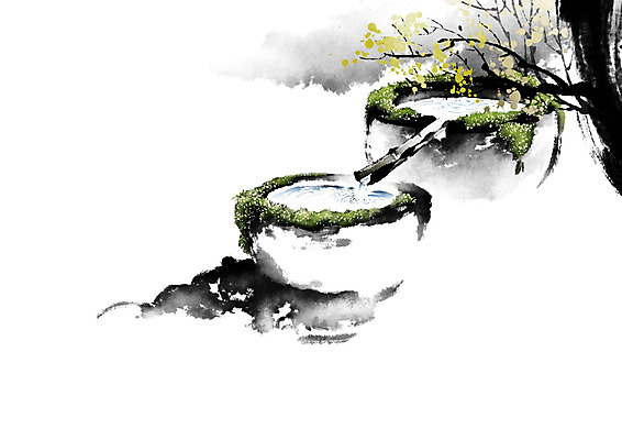 PSD 나무 잎 일러스트 캘리그라피 이끼 풍경 사람없음 물 돌_바위 바위 개울 언덕 번짐 산수화 우물 옹달샘 국내일러스트 자연요소 식물 강 동양화 파일형식 효과