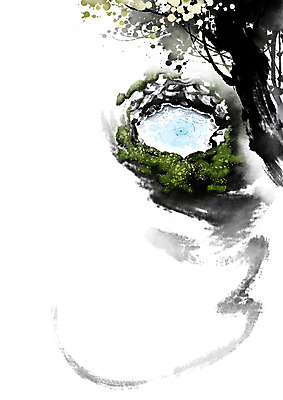 PSD 나무 잎 일러스트 캘리그라피 이끼 풍경 사람없음 물 돌_바위 바위 개울 번짐 산수화 우물 옹달샘 국내일러스트 자연요소 식물 강 동양화 파일형식 효과