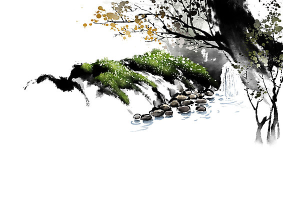 PSD 나무 잎 일러스트 캘리그라피 이끼 풍경 사람없음 물 돌_바위 바위 개울 언덕 번짐 산수화 옹달샘 국내일러스트 자연요소 식물 강 동양화 파일형식 효과