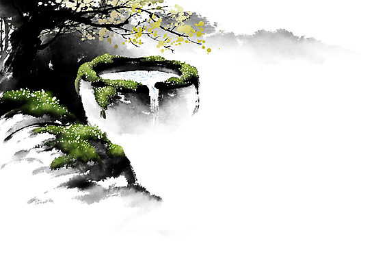 PSD 나무 잎 일러스트 캘리그라피 산 이끼 풍경 사람없음 물 돌_바위 바위 개울 언덕 번짐 산수화 우물 옹달샘 국내일러스트 자연요소 식물 강 동양화 파일형식 효과