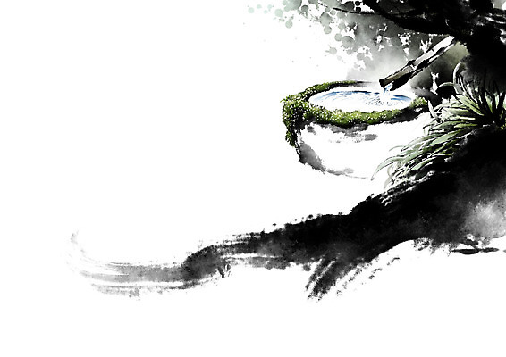 PSD 나무 잎 일러스트 캘리그라피 이끼 풍경 사람없음 물 돌_바위 바위 개울 언덕 번짐 산수화 우물 옹달샘 국내일러스트 자연요소 식물 강 동양화 파일형식 효과