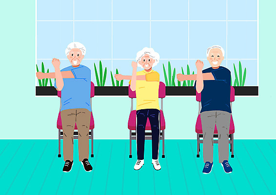 전신 PSD 여자 할아버지 노년 남자 할머니 일러스트 건강 앉기 세명 즐거움 팔운동 노후건강 민트색 노인만 국내일러스트 감정 컬러 모션 사람 성인 노후 운동 성인만 파일형식