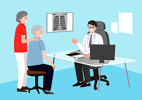 전신 PSD 여자 할아버지 노년 남자 할머니 하늘색 일러스트 건강 병원 성인 세명 의사 즐거움 건강검진 노후건강 국내일러스트 감정 의학 사람 파란색 노후 의료진 검사_조사 파일형식