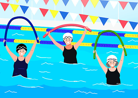 PSD 여자 노년 수영복 하늘색 일러스트 수영장 건강 상반신 세명 즐거움 노후건강 노인여자만 아쿠아로빅 국내일러스트 옷 감정 사람 성인 파란색 노후 운동 여자만 노인만 파일형식