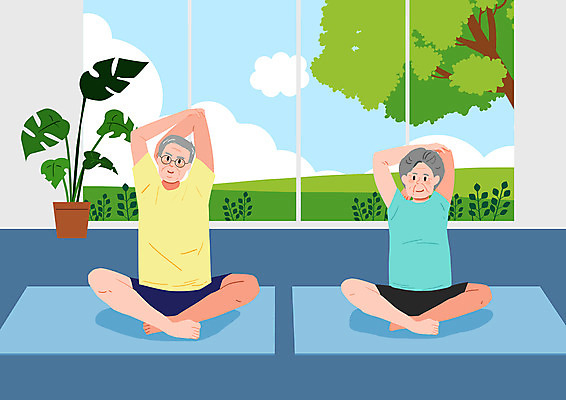 전신 PSD 여자 할아버지 노년 남자 할머니 일러스트 요가 건강 두명 운동 스트레칭 즐거움 노후건강 노인만 국내일러스트 웰빙 감정 사람 성인 노후 성인만 파일형식