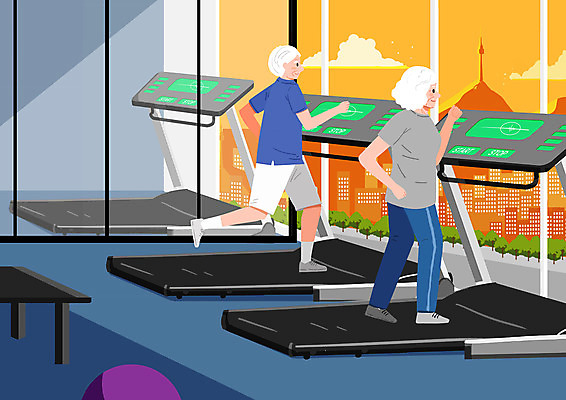 전신 PSD 여자 할아버지 노년 남자 할머니 일러스트 건강 두명 운동 주황색 헬스장 즐거움 런닝머신 노후건강 노인만 국내일러스트 감정 컬러 사람 성인 노후 운동기구 헬스 성인만 파일형식