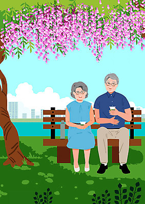 전신 PSD 부부 여자 할아버지 노년 남자 할머니 하늘색 벤치 일러스트 휴식 건강 두명 즐거움 노후건강 노인만 국내일러스트 커플 감정 컨셉 의자 사람 성인 파란색 노후 성인만 파일형식