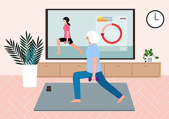 전신 PSD 여자 노년 할머니 분홍색 일러스트 모바일 건강 성인 두명 텔레비전 즐거움 노후건강 여자만 홈트레이닝 온택트 오하운 거실장 국내일러스트 감정 컬러 가구 사람 전자제품 노후 운동 신조어 파일형식