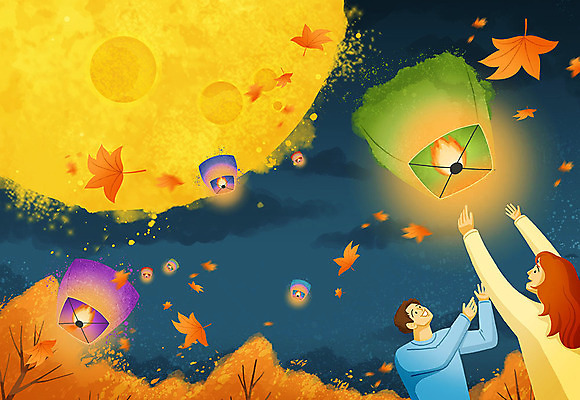 PSD 나무 여자 명절 남자 단풍 낙엽 일러스트 밤하늘 날리기 상반신 두명 추석 보름달 달 가을 등불 국내일러스트 자연요소 식물 전통 계절 기념일 잎 모션 하늘 조명 사람 야간 파일형식